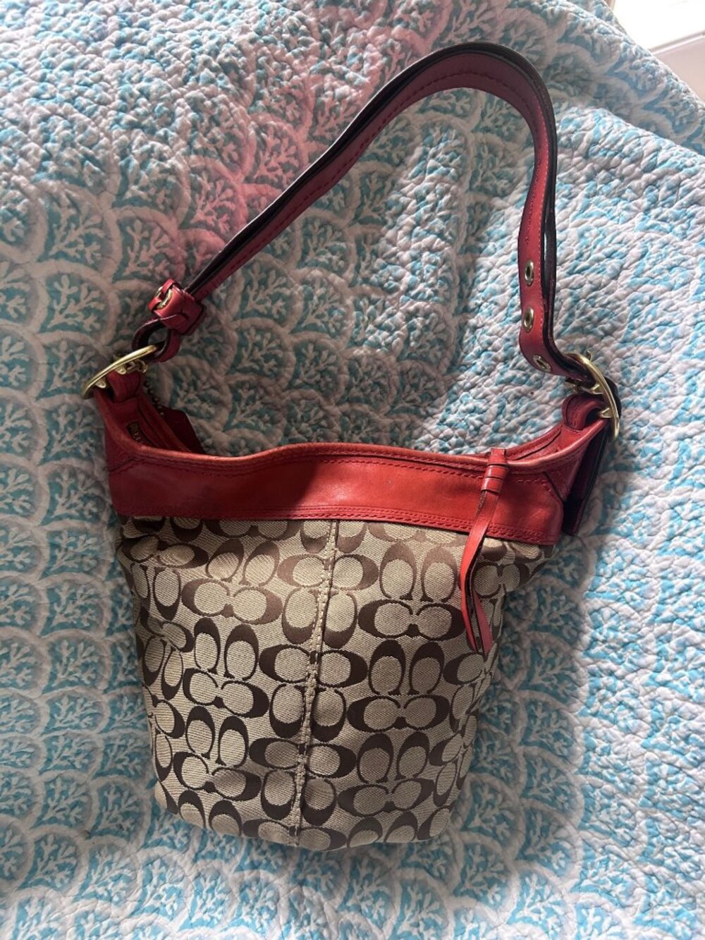 Coach Signature Duffle Hobo Shoulder Bag Khaki Canvas Red Leather Style 11437